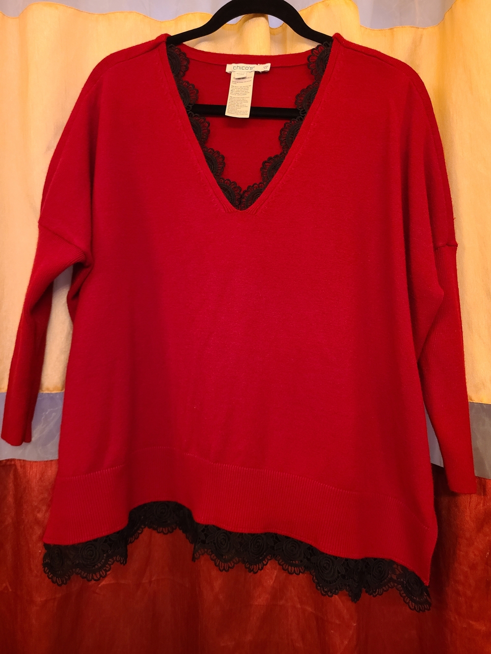 EUC -Chico's Red V-Neck Poncho Sweater with Black Lace Accents